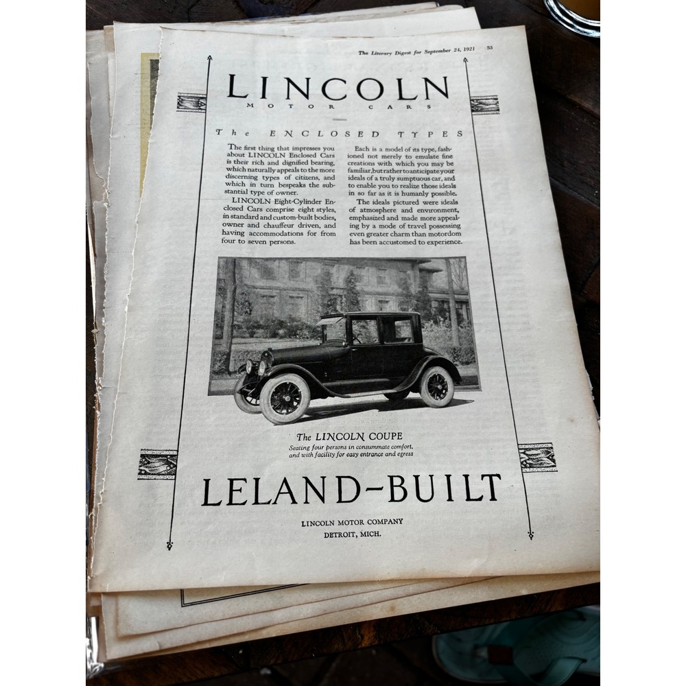 Lincoln Motor Cars Print Ad 1921 Black White Leland-Built Coupe Vintage Art